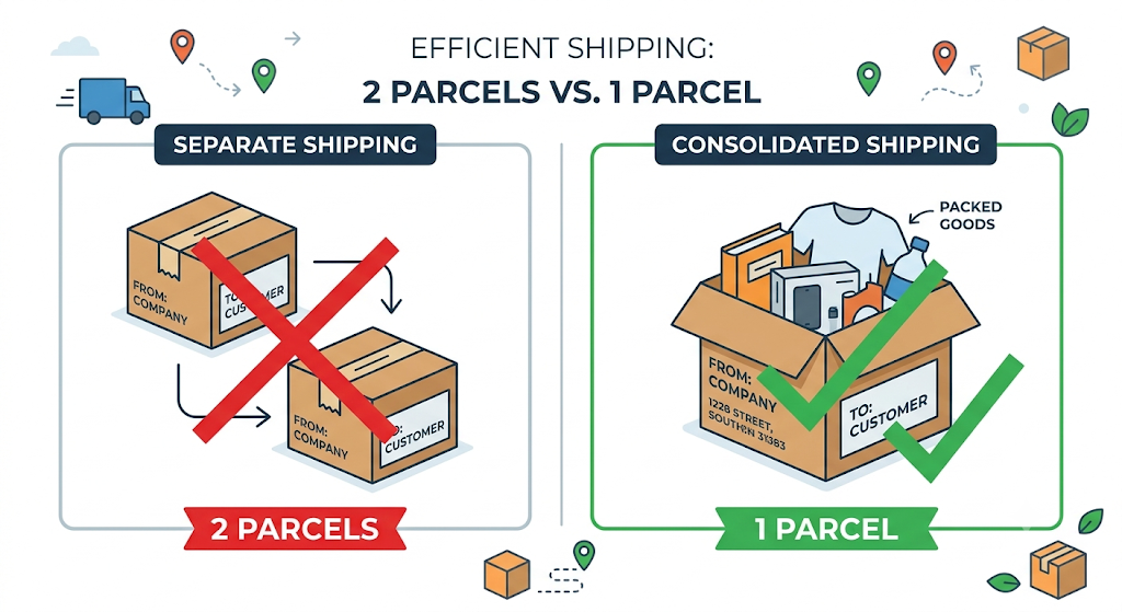 Consolidated shipping comparison showing two separate parcels versus one combined parcel for a multi-item ecommerce order