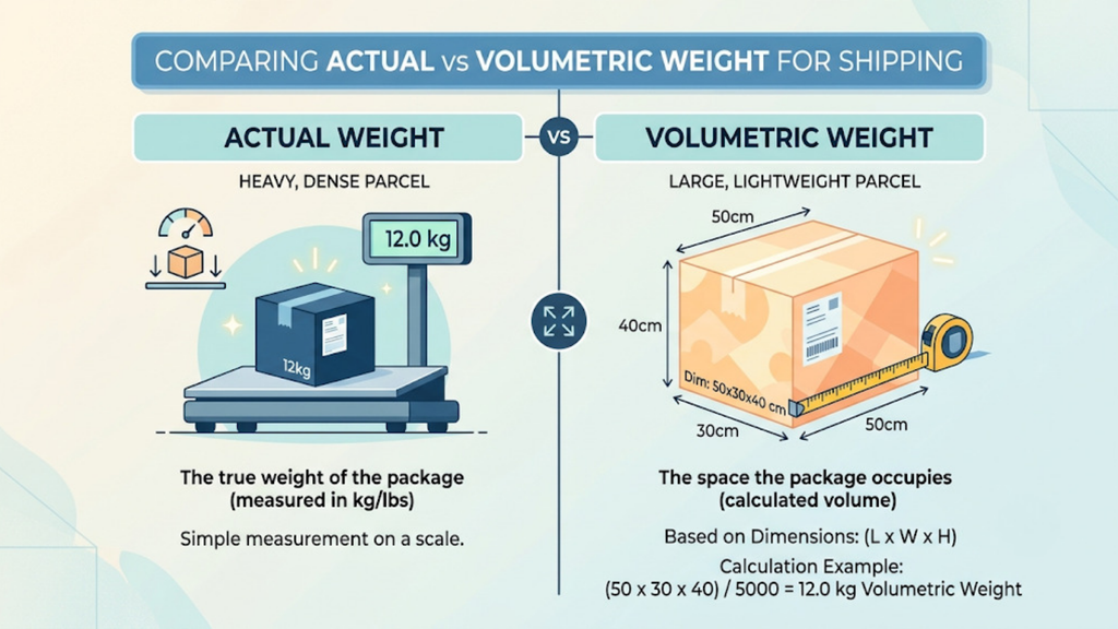 Actual versus volumetric weight comparison showing how lightweight parcels can become heavier for shipping when large dimensions are used
