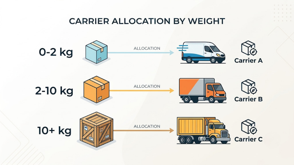 Weight-based courier allocation showing different carriers assigned to 0–2 kg, 2–10 kg, and 10 kg-plus shipments