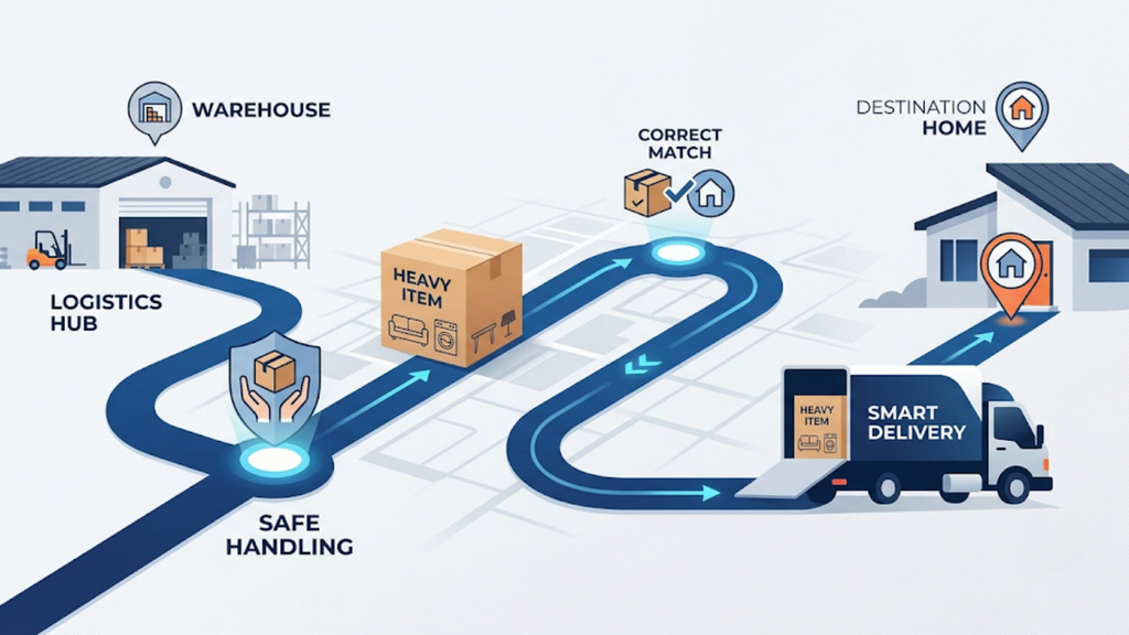 Logistics routing illustration showing bulky packages moving through a warehouse and courier network to the correct destination