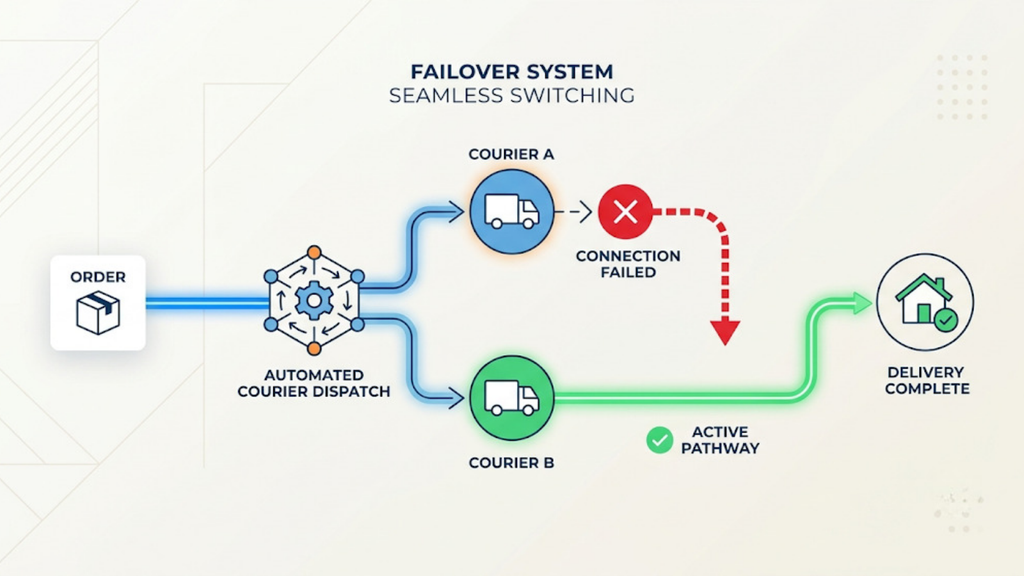 Automated courier failover system showing an order switching from an unavailable carrier to an active delivery partner