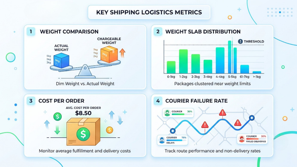 Key shipping logistics metrics dashboard showing chargeable weight, weight slabs, cost per order, and courier failure rates
