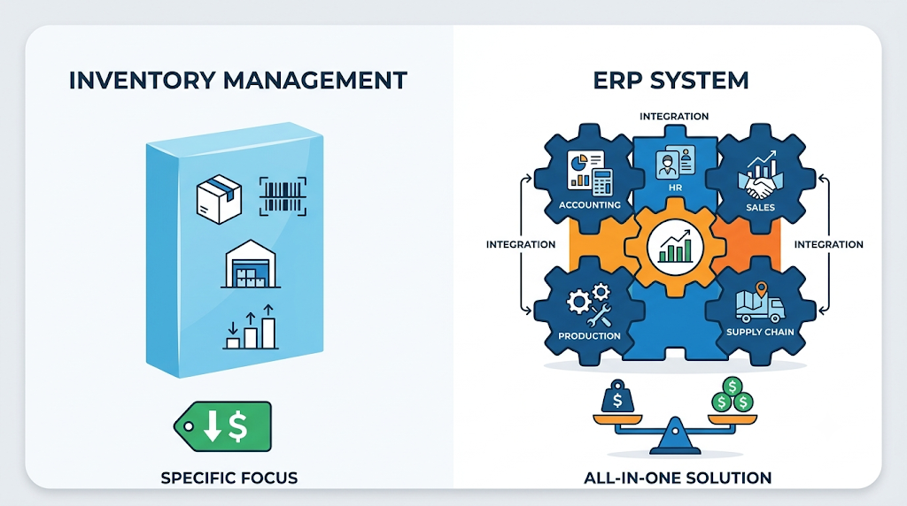 Inventory management software versus ERP system showing specific inventory functions compared with an all-in-one business solution