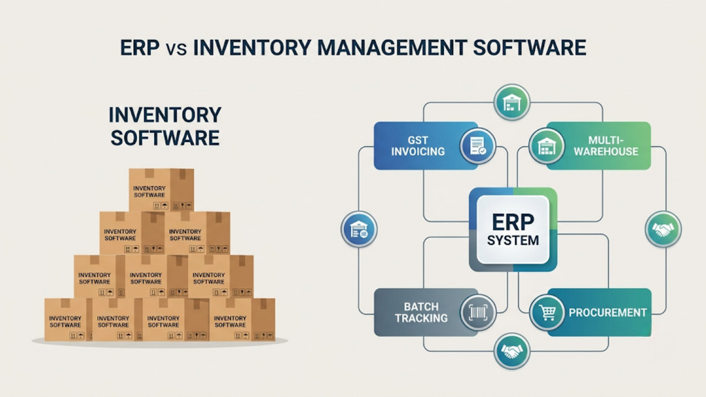 ERP and inventory management software comparison showing stock tracking alongside invoicing, multi-warehouse, procurement, and ERP functions