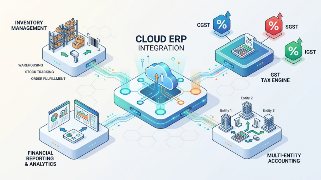 Cloud ERP integration diagram connecting inventory management, financial reporting, GST, procurement, and multi-entity accounting