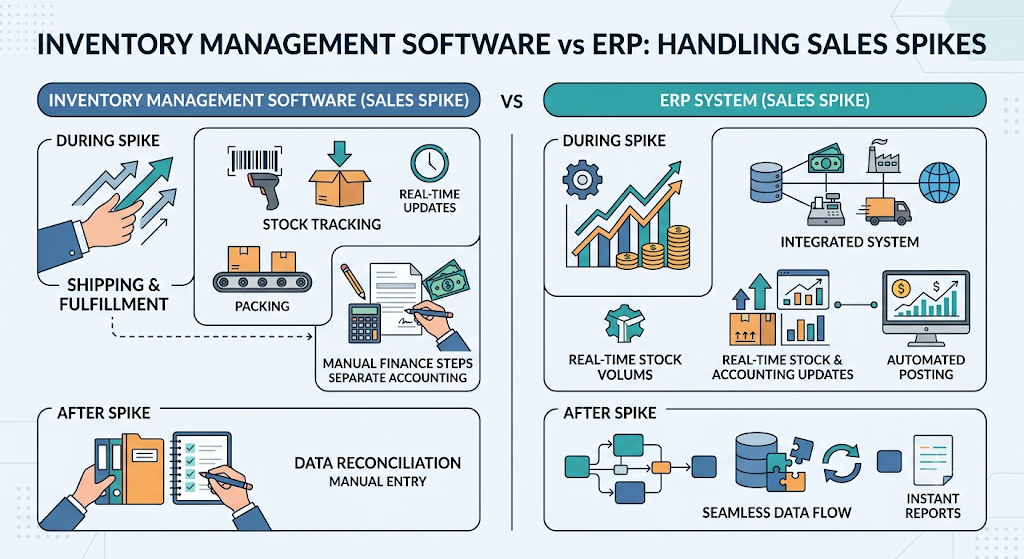 Cloud ERP integration diagram connecting inventory management, financial reporting, GST, procurement, and multi-entity accounting