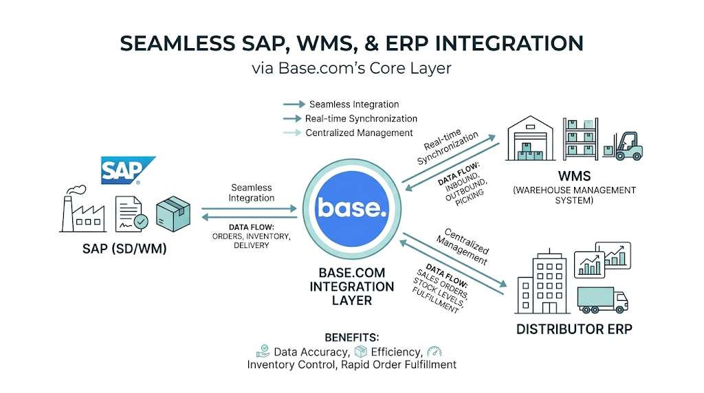 Base.com order intelligence workflow showing ecommerce orders, safe order processing, dispatch, inventory systems, and high-risk exceptions