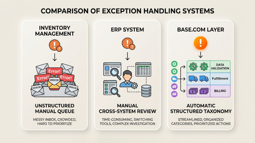 SAP, WMS, and ERP integration diagram showing Base.com connecting enterprise systems with distributor ERP and warehouse operations