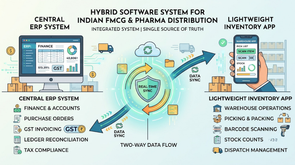 Inventory management software versus ERP comparison showing historical stock tracking against resource planning, real-time optimization, and business analytics
