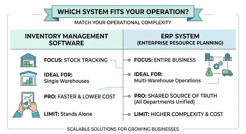 ERP versus inventory management software decision framework showing different fits based on operational complexity, cost, scope, and business growth