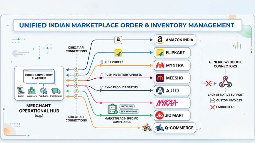 Purchase order management workflow showing supplier creation, purchase orders, delivery tracking, goods receipt, and inventory updates