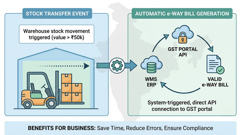 Automated e-way bill generation showing warehouse stock transfers triggering GST portal documentation through an integrated inventory system