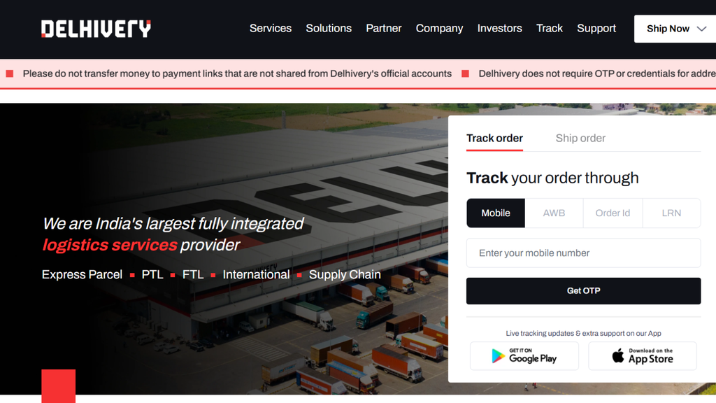Delhivery website showing its ecommerce logistics network, shipment tracking, and delivery services