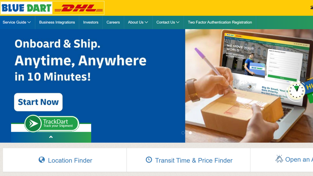 Blue Dart website showing express logistics services, shipment tracking, and delivery support across India