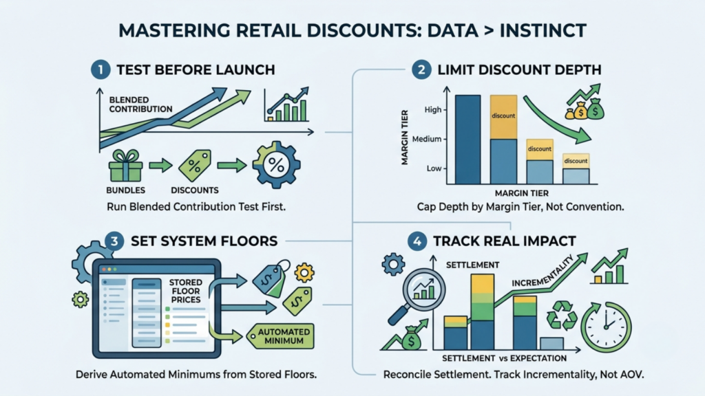 Retail discount management framework showing margin benchmarks, system-enforced floor prices, discount tier controls, and post-sale reconciliation