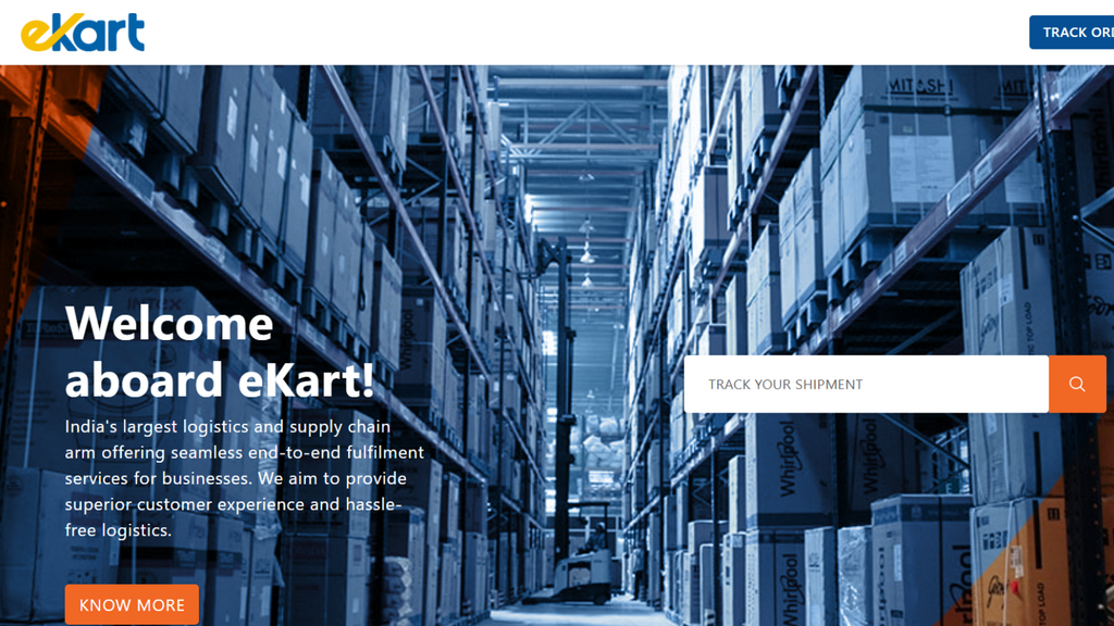 Ekart logistics website showing warehouse operations and nationwide ecommerce delivery infrastructure