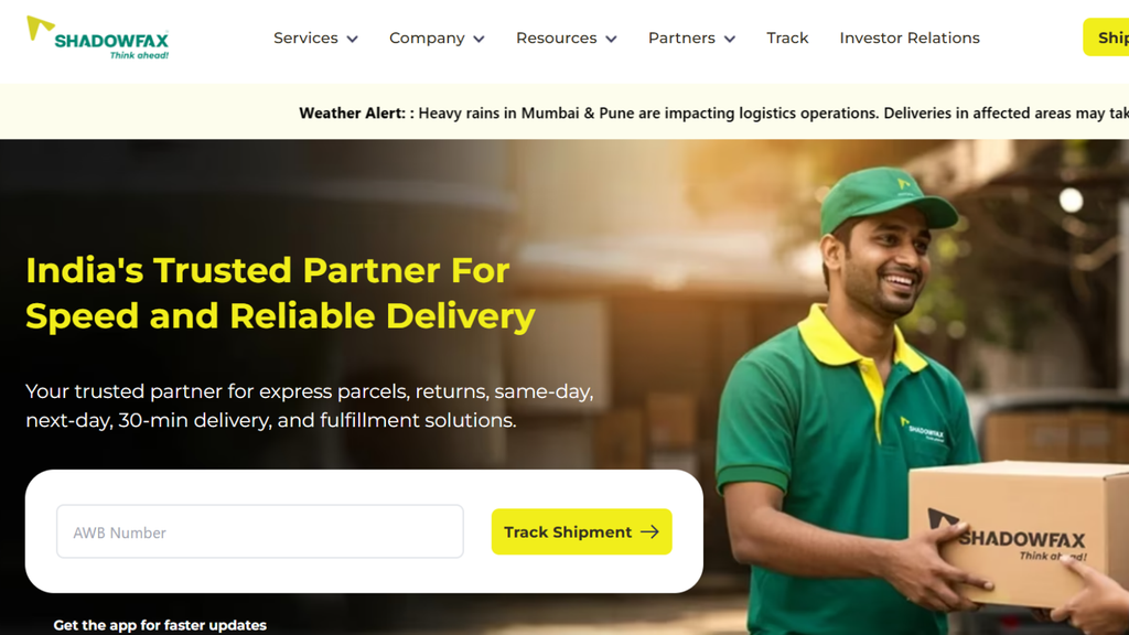 Shadowfax website showing technology-enabled shipping and reliable delivery services for ecommerce brands