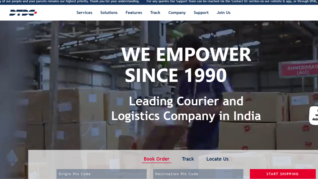DTDC website showing courier and logistics services for ecommerce businesses across India