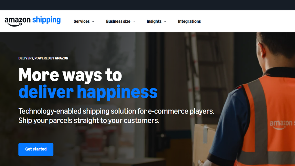 Amazon Shipping website showing technology-enabled shipping services for ecommerce sellers and D2C brands