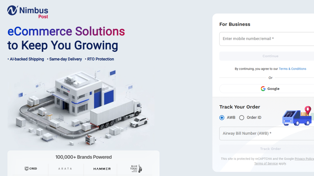 NimbusPost ecommerce logistics platform showing shipping solutions, tracking, and courier management for online sellers