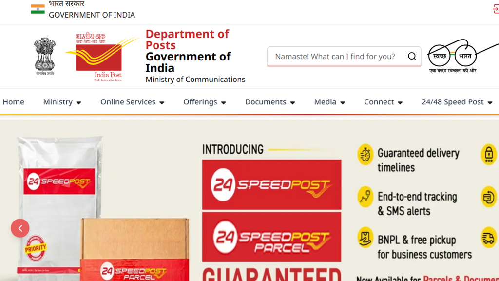 India Post Speed Post website showing parcel delivery services and nationwide postal logistics coverage
