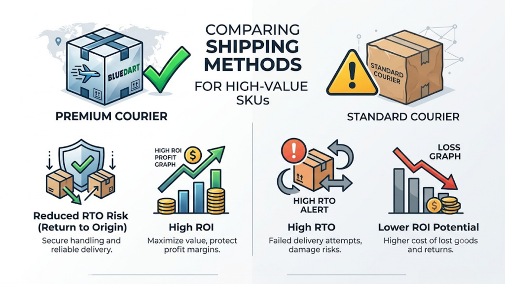 Ecommerce courier strategy infographic showing pincode delivery, COD-to-prepaid conversion, fast cash flow, and shipment completion