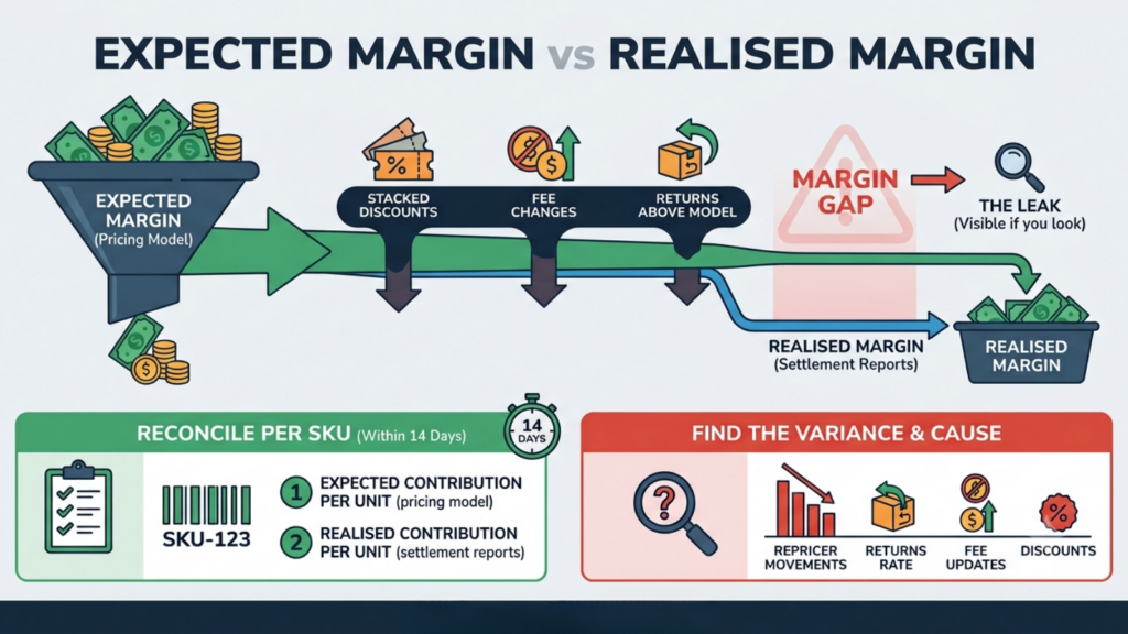 Expected versus realised margin reconciliation showing how settlement data reveals discount and profitability gaps