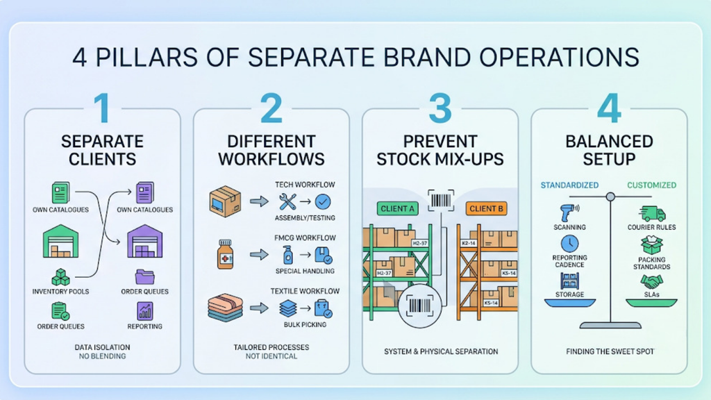 Four pillars of separate brand operations showing client separation, different workflows, stock mix-up prevention, and balanced standardisation
