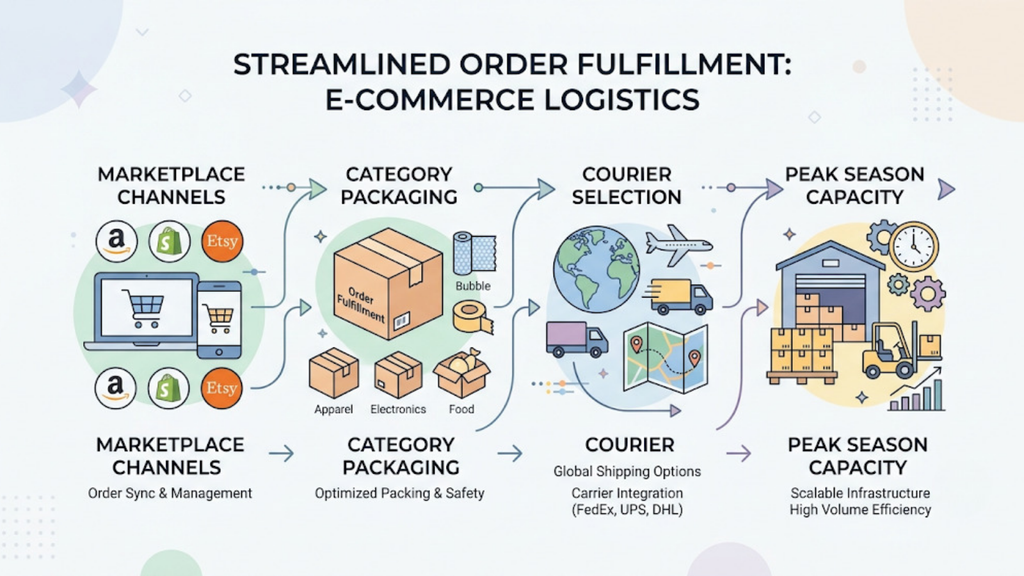 Streamlined ecommerce order fulfilment workflow showing marketplace channels, category-specific packing, courier selection, and peak-season capacity