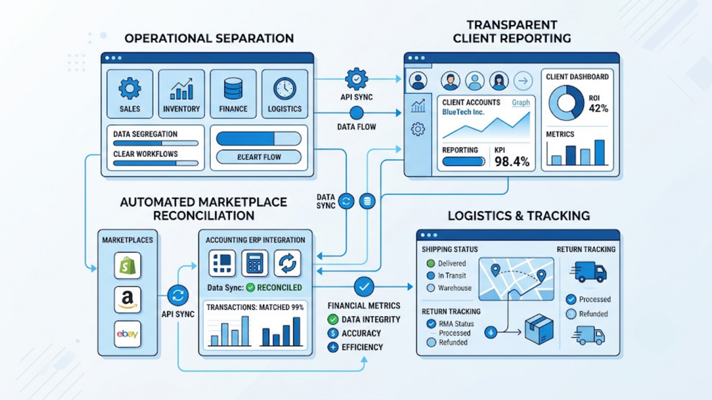 Multi-client operational separation framework showing client reporting, marketplace reconciliation, financial metrics, and logistics tracking