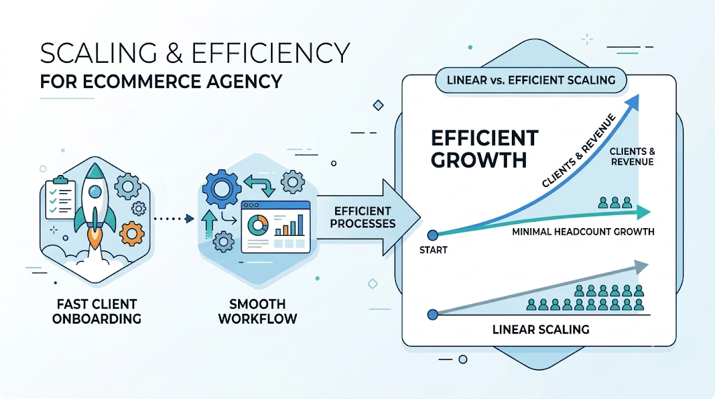 Ecommerce agency scaling framework showing fast client onboarding, smooth workflows, efficient growth, and reduced headcount expansion