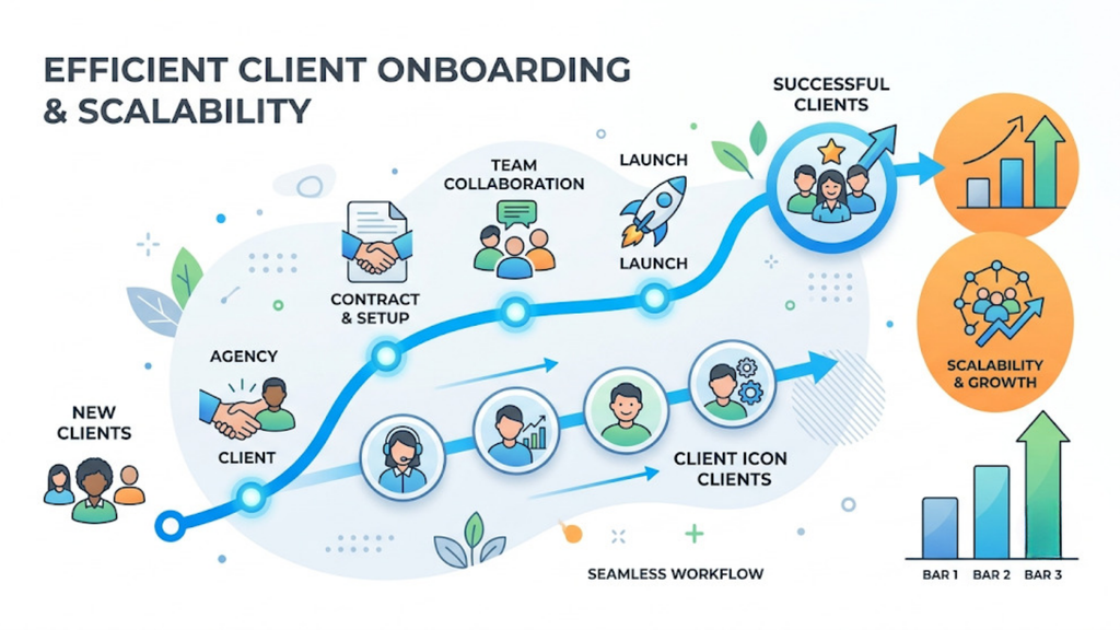 Efficient client onboarding and scalability framework showing new clients progressing through setup, launch, successful operations, and agency growth