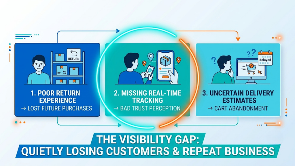 Supply chain visibility gap showing poor return experiences, missing real-time tracking, and uncertain delivery estimates