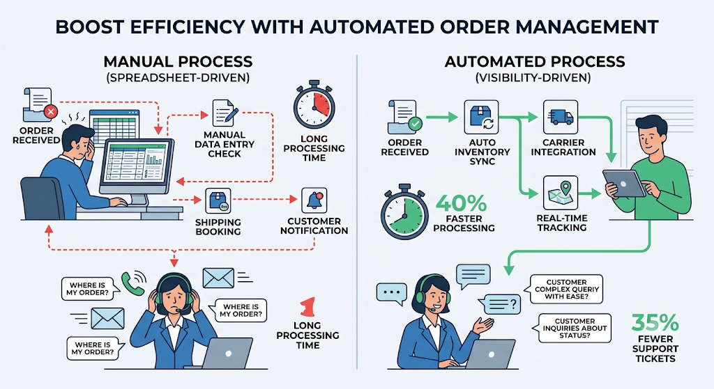 Automated order management comparison showing manual spreadsheet workflows versus connected processes with faster processing