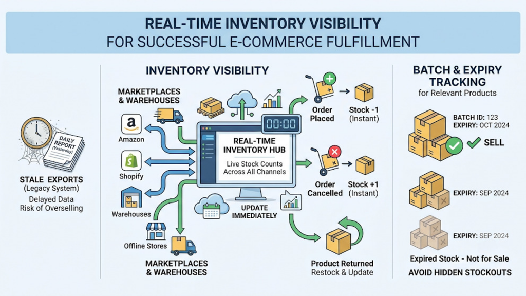 Real-time inventory visibility showing stock synchronization across marketplaces, warehouses, orders, returns, and batch tracking