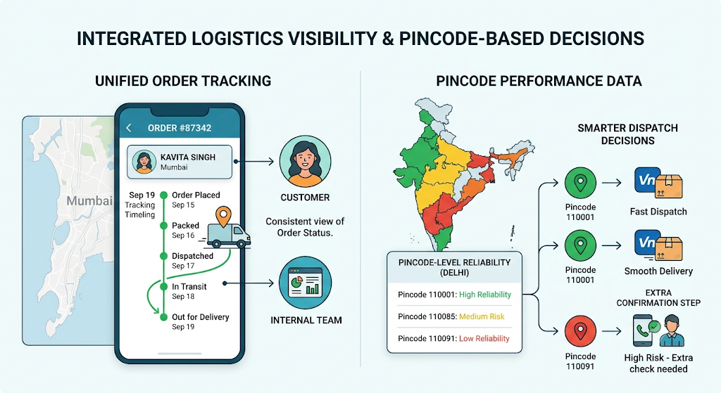 Integrated logistics visibility showing real-time order tracking and pincode-based delivery decisions for ecommerce shipments