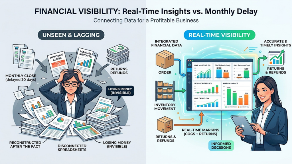 Financial visibility comparison showing delayed monthly reporting versus real-time cost, margin, inventory, and order insights