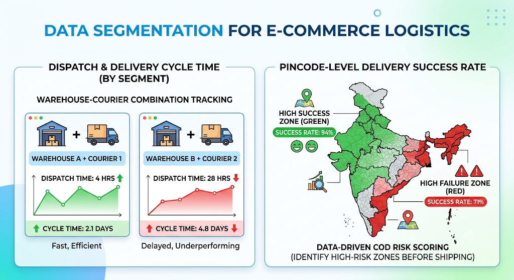 Ecommerce logistics data segmentation showing warehouse-courier performance and pincode-level delivery success rates