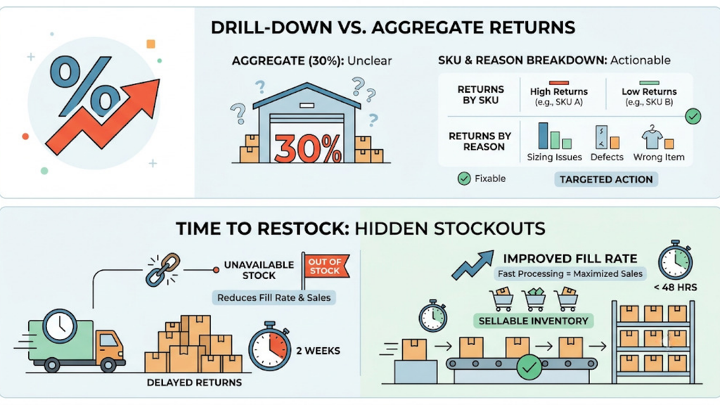 Returns analytics framework showing SKU-level return reasons, restocking delays, and the impact on inventory availability