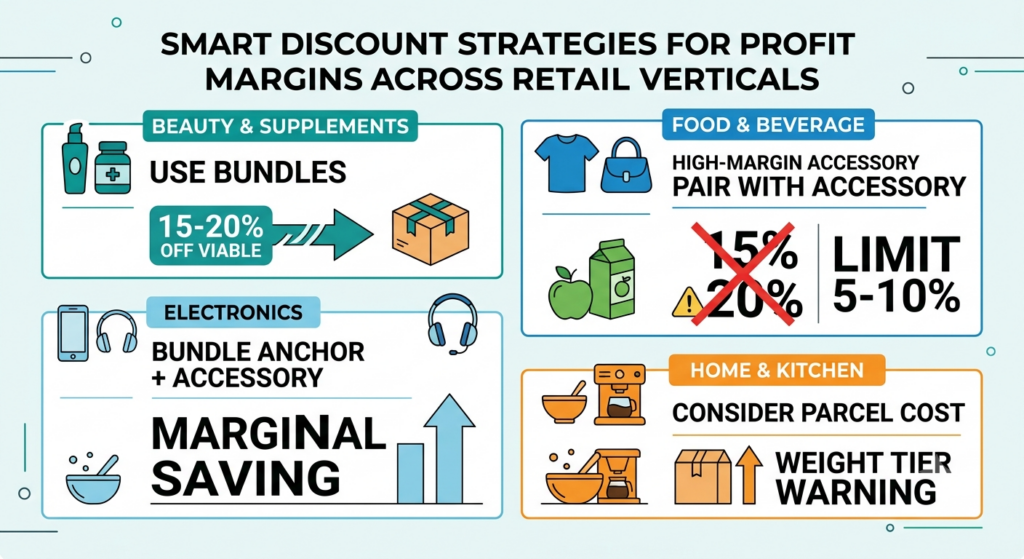 Margin discount strategy showing recommended discount limits for beauty, electronics, fashion, food, and home categories
