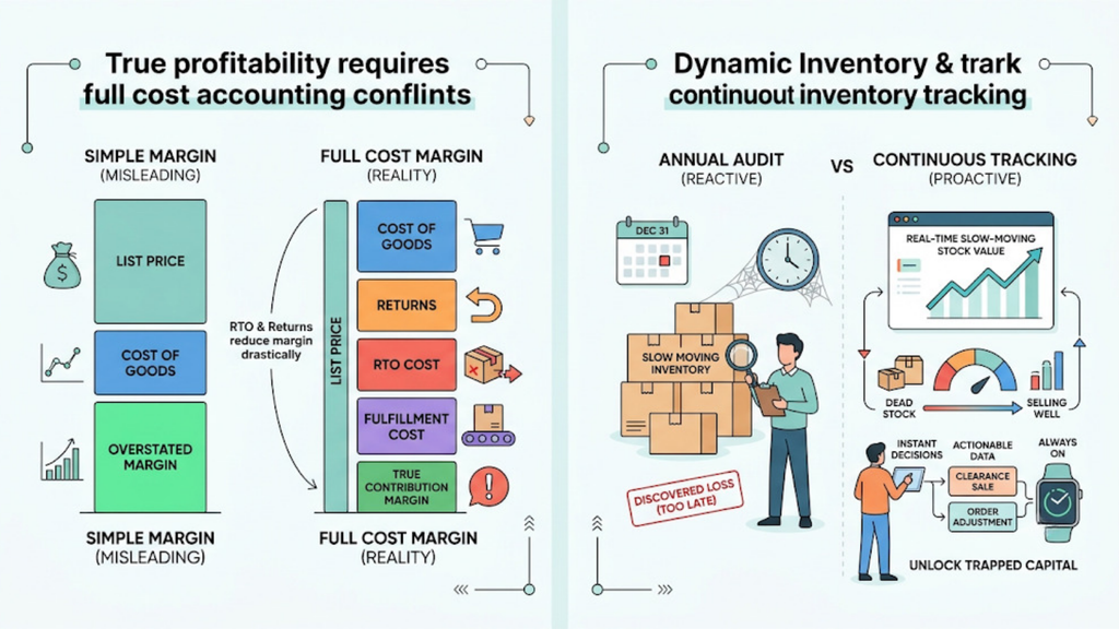 Profitability and inventory tracking framework showing full contribution costs, continuous inventory monitoring, and stock visibility