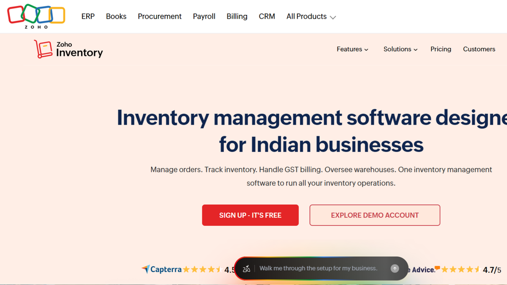 Zoho Inventory platform showing inventory management features, ecommerce integrations, warehouse stock control, and order processing for Indian businesses