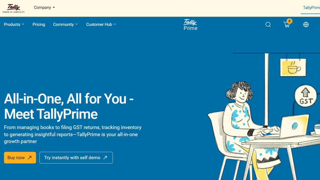 TallyPrime accounting and inventory platform showing GST-focused invoicing, stock management, financial reporting, and business accounting tools