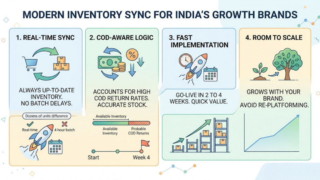 Modern inventory system framework for Indian mid-size businesses showing real-time sync, COD-aware logic, fast implementation, and scalable operations