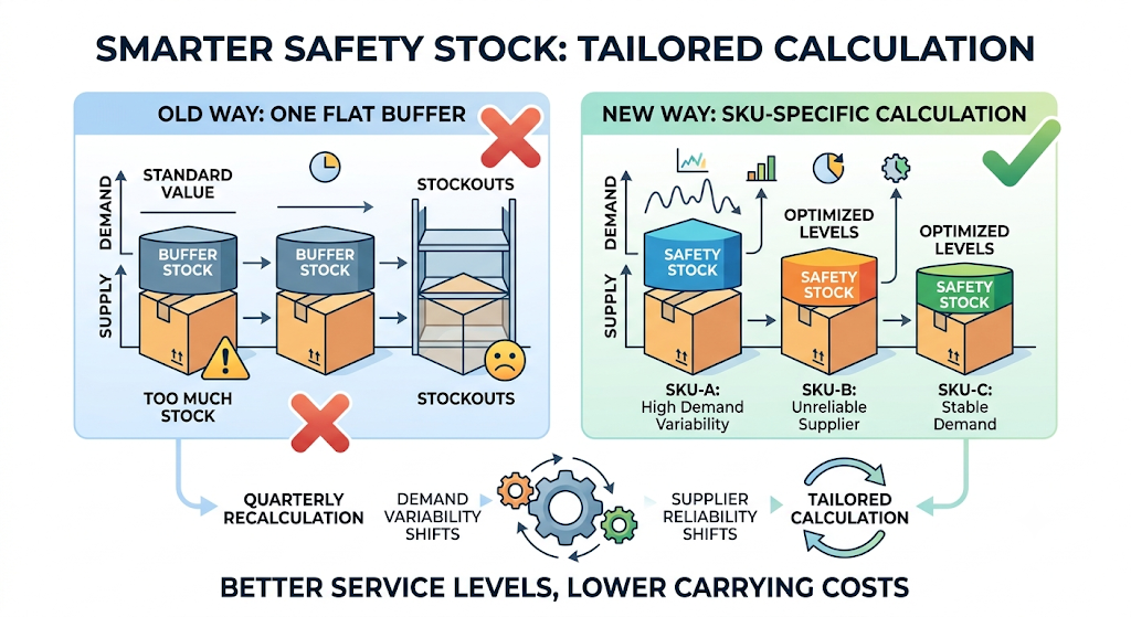 Safety stock calculation comparison showing flat inventory buffers versus SKU-specific calculations based on demand and lead-time variability