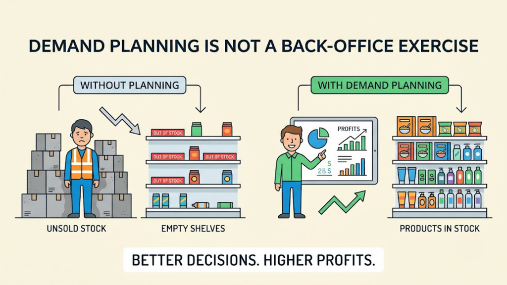 Demand planning comparison showing unplanned operations causing empty shelves and excess stock versus balanced inventory with better planning