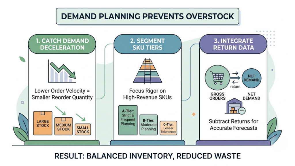 Demand planning framework for preventing overstock through demand deceleration, SKU tier segmentation, and return data integration