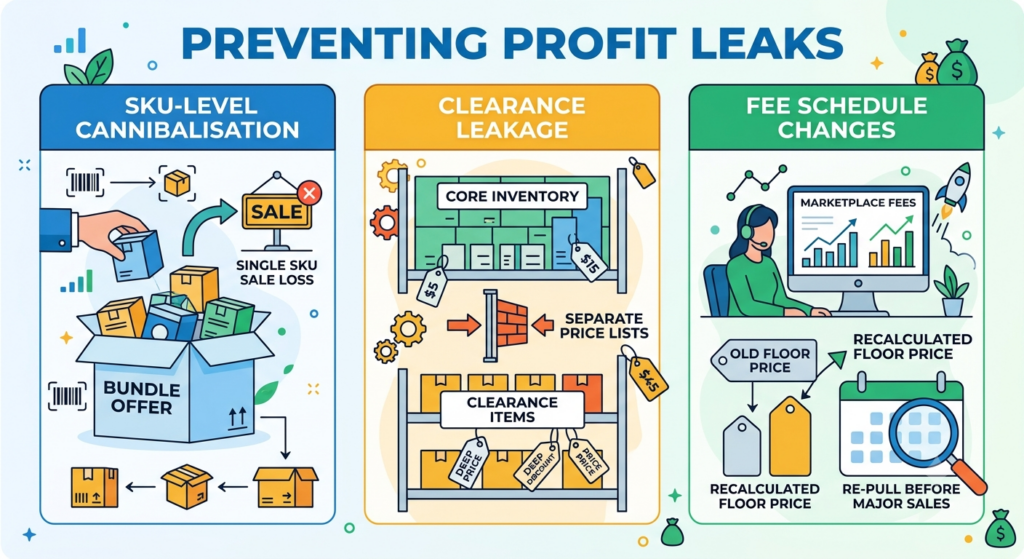 Profit leak prevention guide highlighting stacked discounts, repricing, component drift, fee changes, returns, cannibalization, and clearance leakage