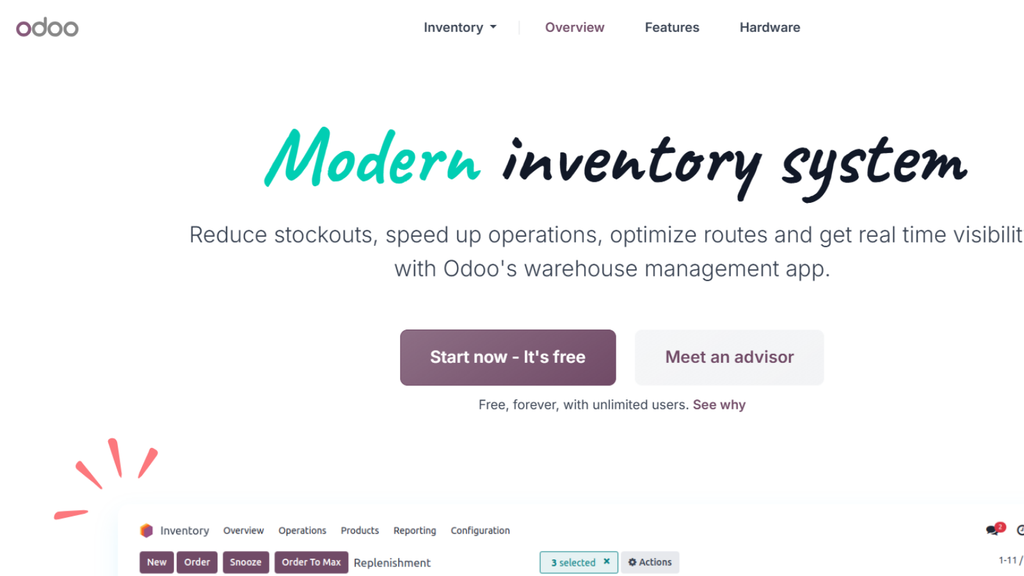 Odoo inventory management platform showing warehouse operations, stock control, and inventory management features