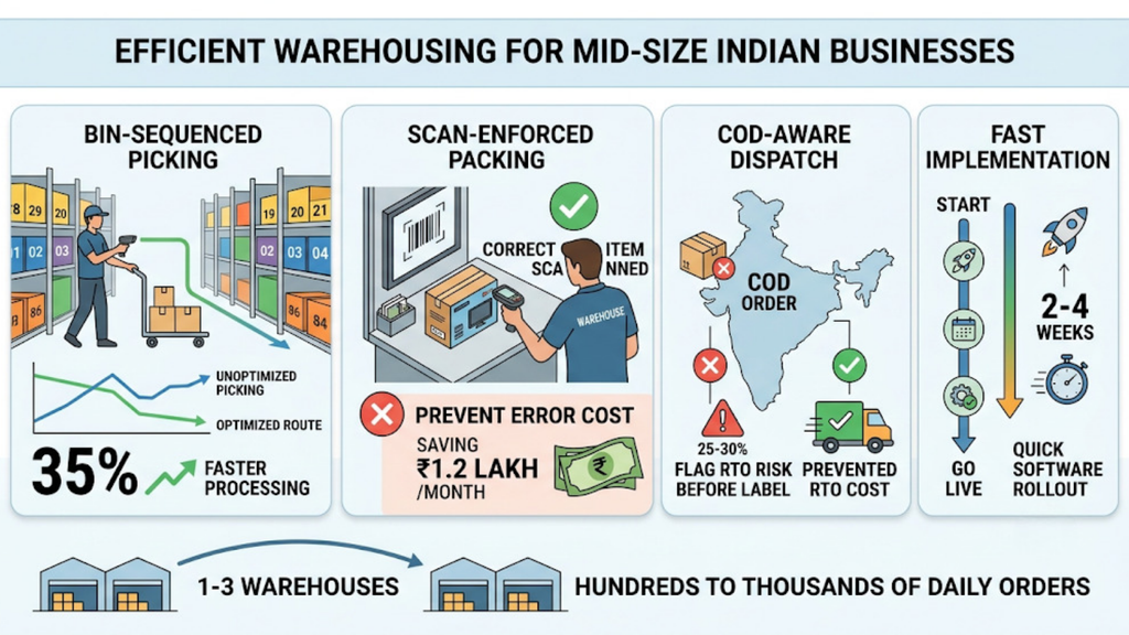 Efficient warehousing framework showing bin-sequenced picking, scan-enforced packing, COD-aware dispatch, and fast WMS implementation
